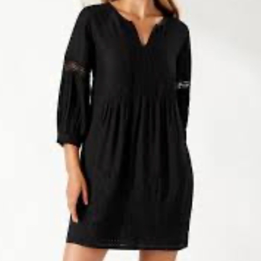 TOMMY BAHAMA Sz Med-Large Black Linen Eyelet Embroidered Lace Trim Dress